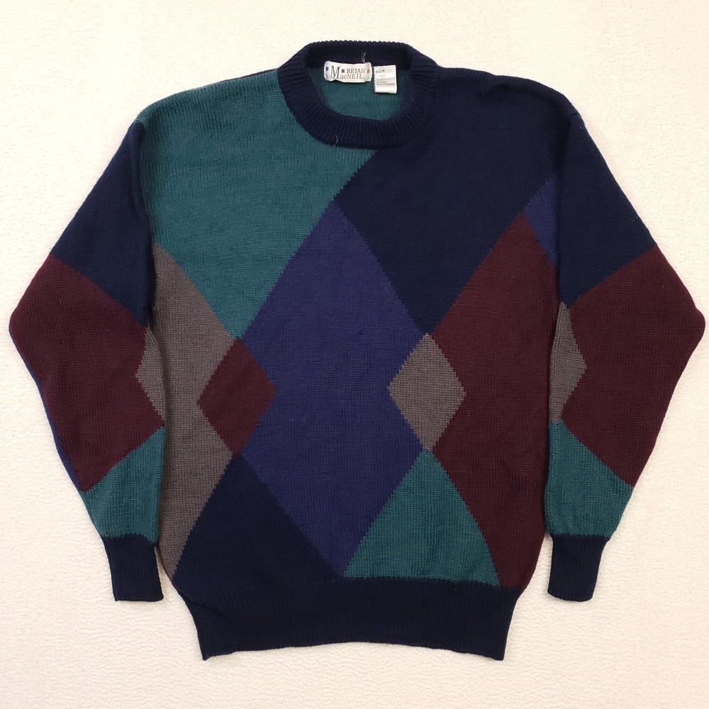 Vintage Brian MacNeil Sweater Mens Medium Blue Teal Argyle Wool Crewneck 80s